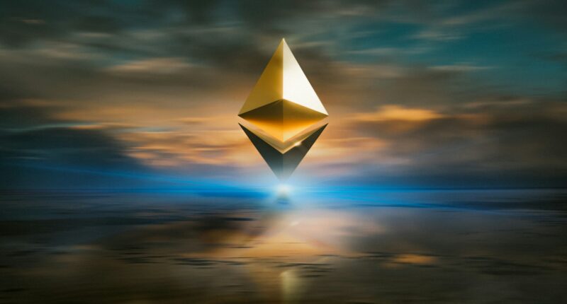 Ethereum logo over sky and ocean illustrating ETH ETF approval.